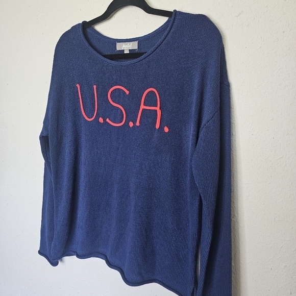 Marled Reunited L Sweater Slits Pullover Red USA‎ Embroidery Navy Blue - Picture 4 of 13